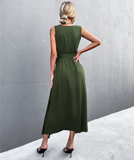 Women's V Neck Slit Sleeveless Midi Dresses