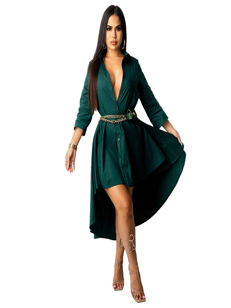 Womens Shirt Dress High Low Asymmetric Ruffle Swing Flowy Midi Dress